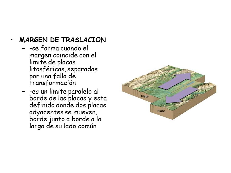 MARGEN DE TRASLACION -se forma cuando el margen coincide con el limite de placas litosféricas, separadas por una falla de transformación.