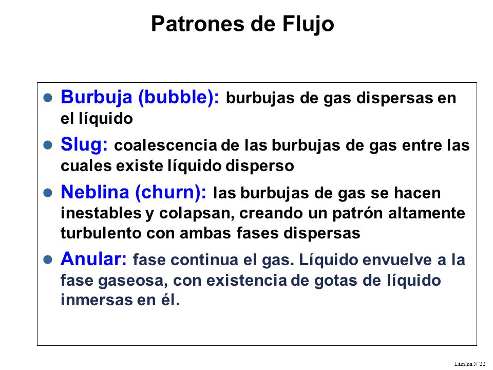 Patrones de Flujo Burbuja (bubble): burbujas de gas dispersas en el líquido.