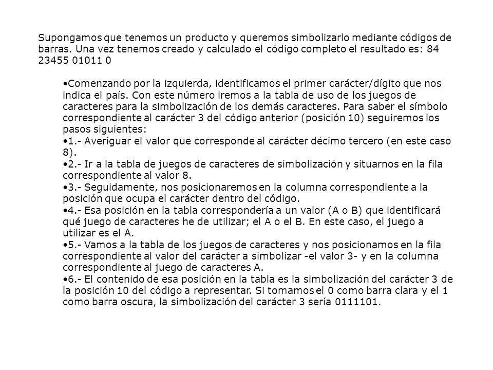 Supongamos que tenemos un producto y queremos simbolizarlo mediante códigos de barras. Una vez tenemos creado y calculado el código completo el resultado es: