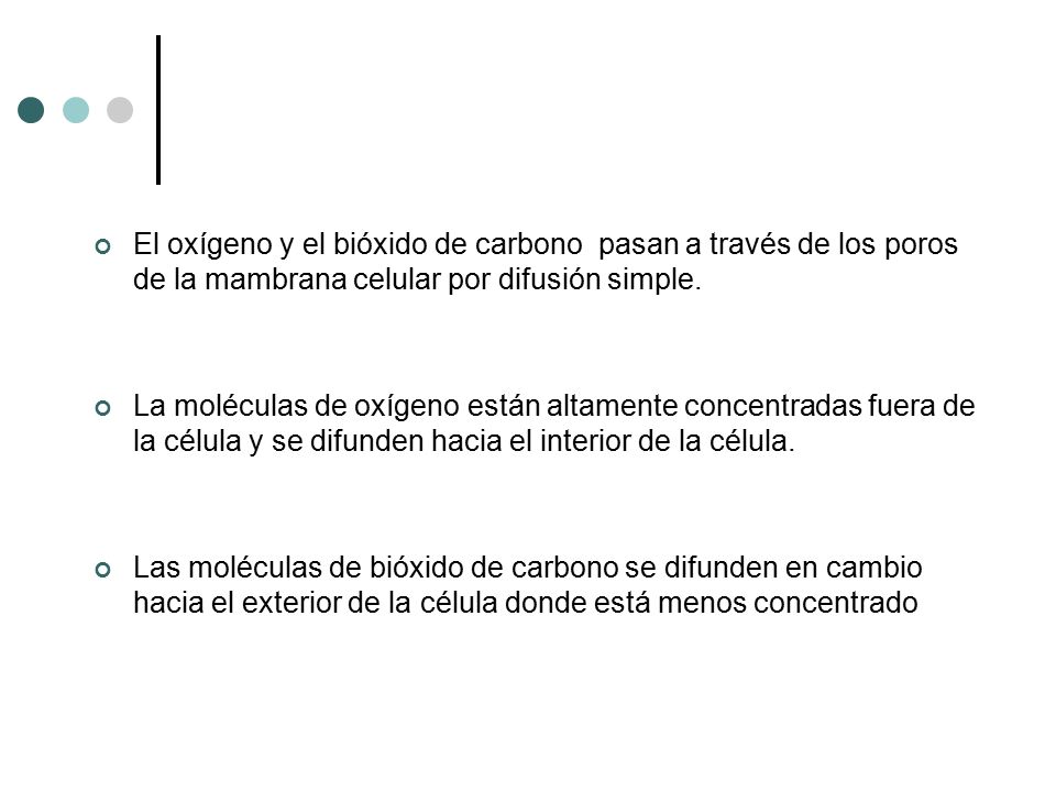 El oxígeno y el bióxido de carbono pasan a través de los poros de la mambrana celular por difusión simple.