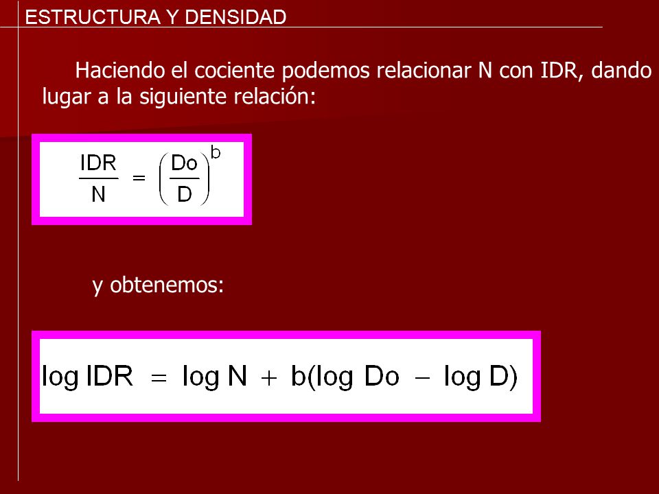 ESTRUCTURA Y DENSIDAD Haciendo el cociente podemos relacionar N con IDR, dando lugar a la siguiente relación: