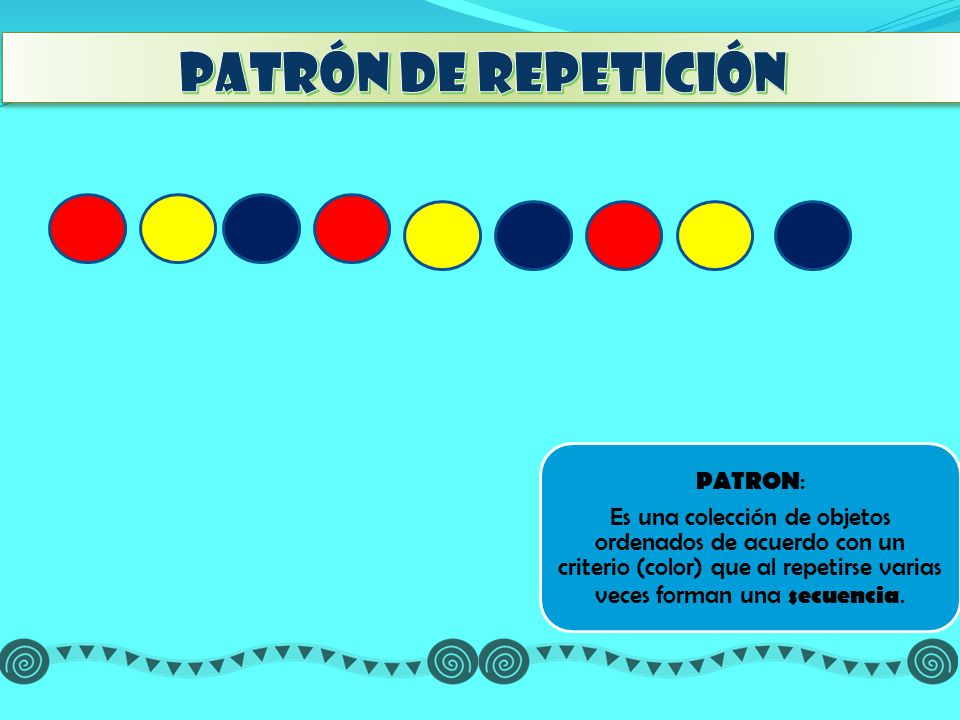 Patrón de repetición Es una colección de objetos ordenados de acuerdo con un criterio (color) que al repetirse varias veces forman una secuencia.