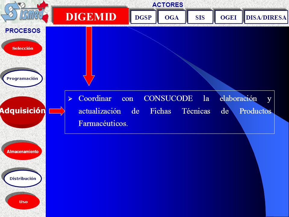 PROCESOS ACTORES. DIGEMID. DGSP. OGA. SIS. OGEI. DISA/DIRESA. Selección. Programación.