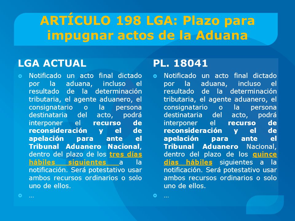 ARTÍCULO 198 LGA: Plazo para impugnar actos de la Aduana