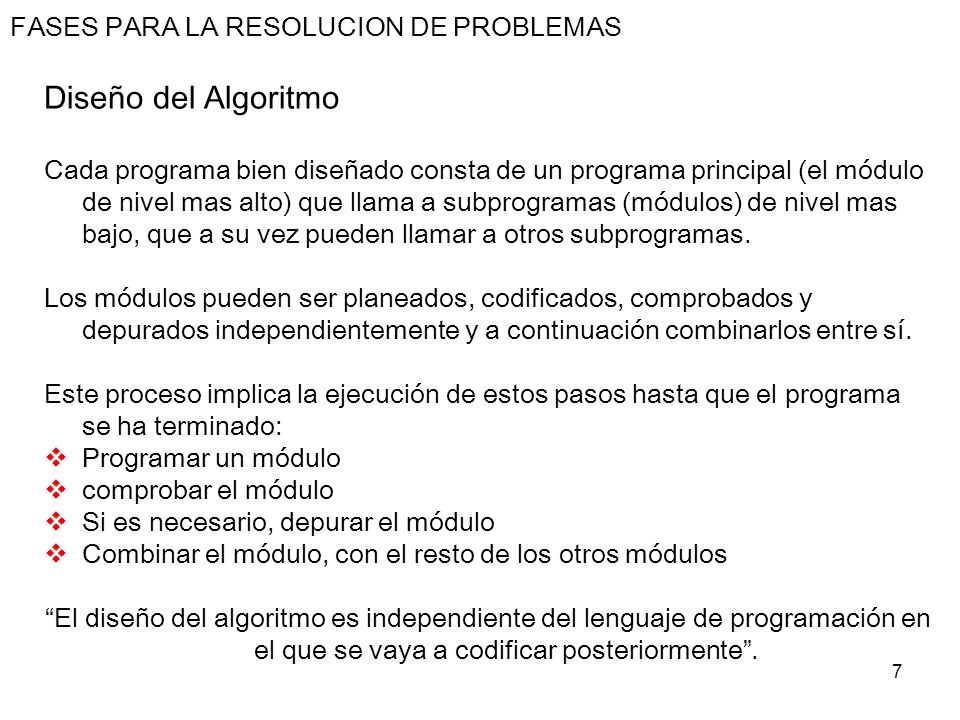 Diseño del Algoritmo FASES PARA LA RESOLUCION DE PROBLEMAS
