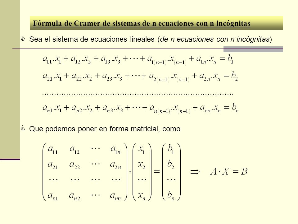 Fórmula de Cramer de sistemas de n ecuaciones con n incógnitas