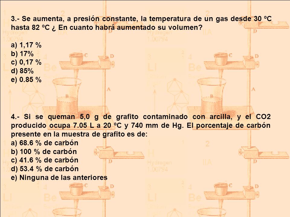 3.- Se aumenta, a presión constante, la temperatura de un gas desde 30 ºC hasta 82 ºC ¿ En cuanto habrá aumentado su volumen