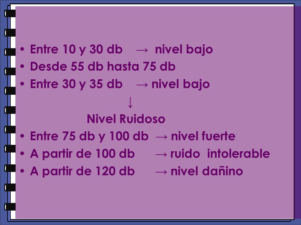Entre 10 y 30 db → nivel bajo Desde 55 db hasta 75 db. Entre 30 y 35 db → nivel bajo. ↓ Nivel Ruidoso.