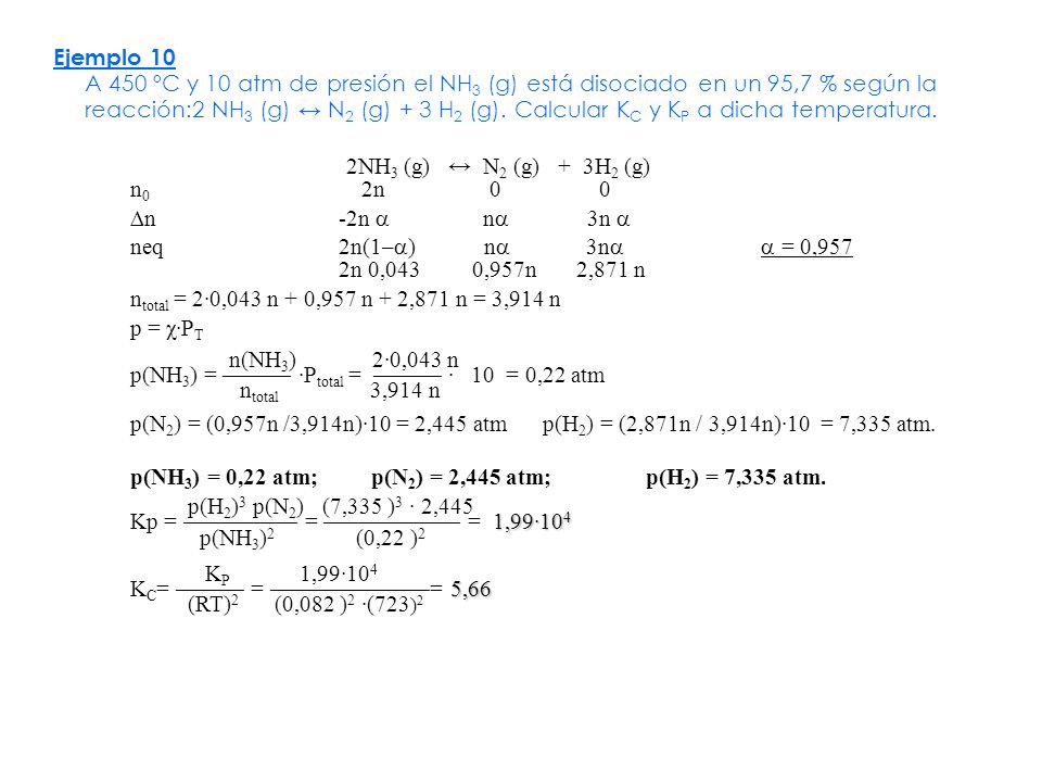 p(NH3) = 0,22 atm; p(N2) = 2,445 atm; p(H2) = 7,335 atm.