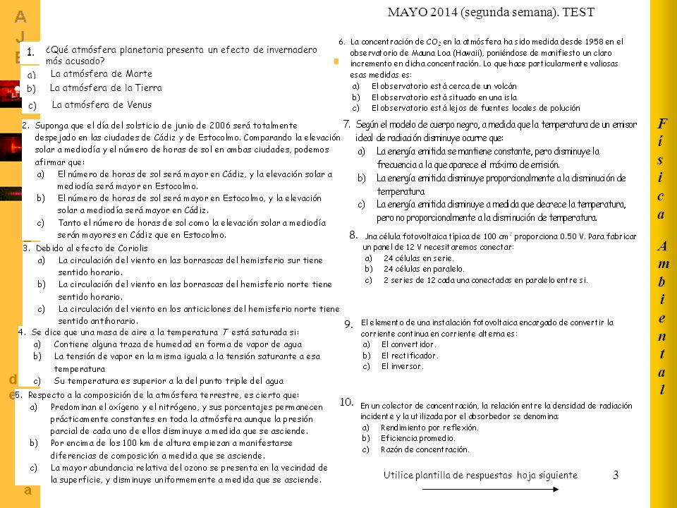 Física Ambiental MAYO 2014 (segunda semana). TEST Nombre y apellidos: