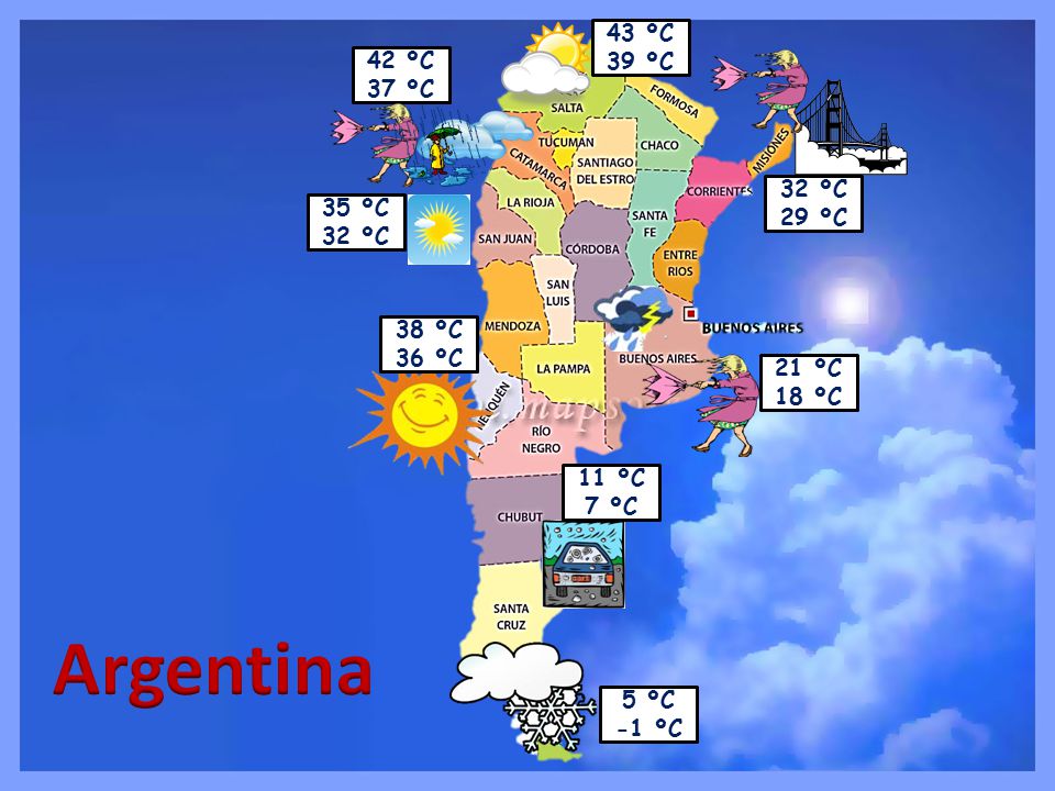 Argentina 43 ºC 39 ºC 42 ºC 37 ºC 32 ºC 29 ºC 35 ºC 32 ºC 38 ºC 36 ºC