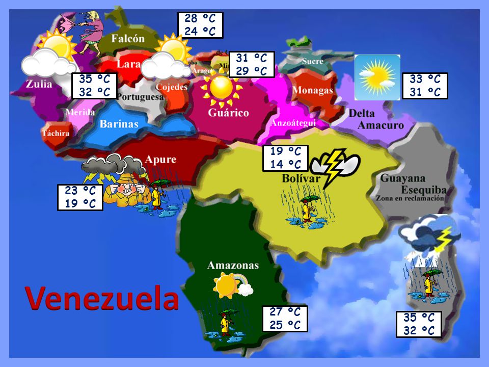 Venezuela 28 ºC 24 ºC 31 ºC 29 ºC 35 ºC 32 ºC 33 ºC 31 ºC 19 ºC 14 ºC