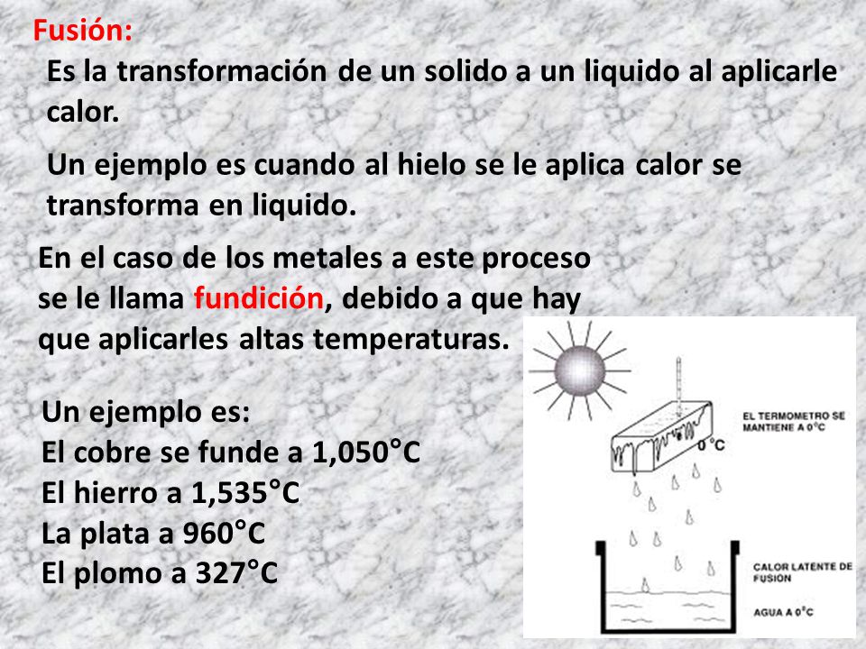 Fusión: Es la transformación de un solido a un liquido al aplicarle calor.