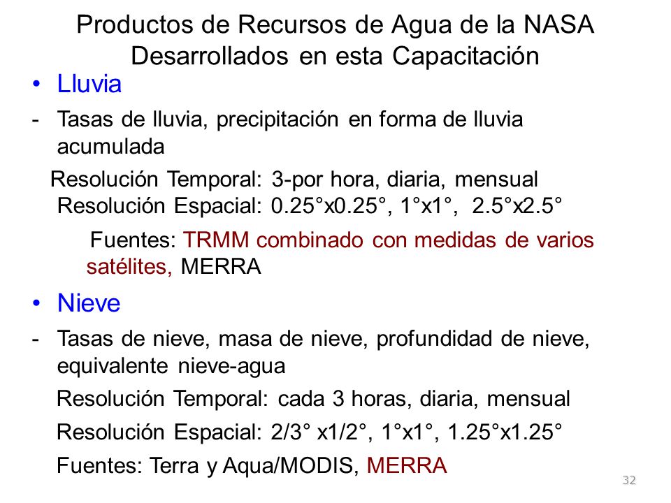 Productos de Recursos de Agua de la NASA Desarrollados en esta Capacitación