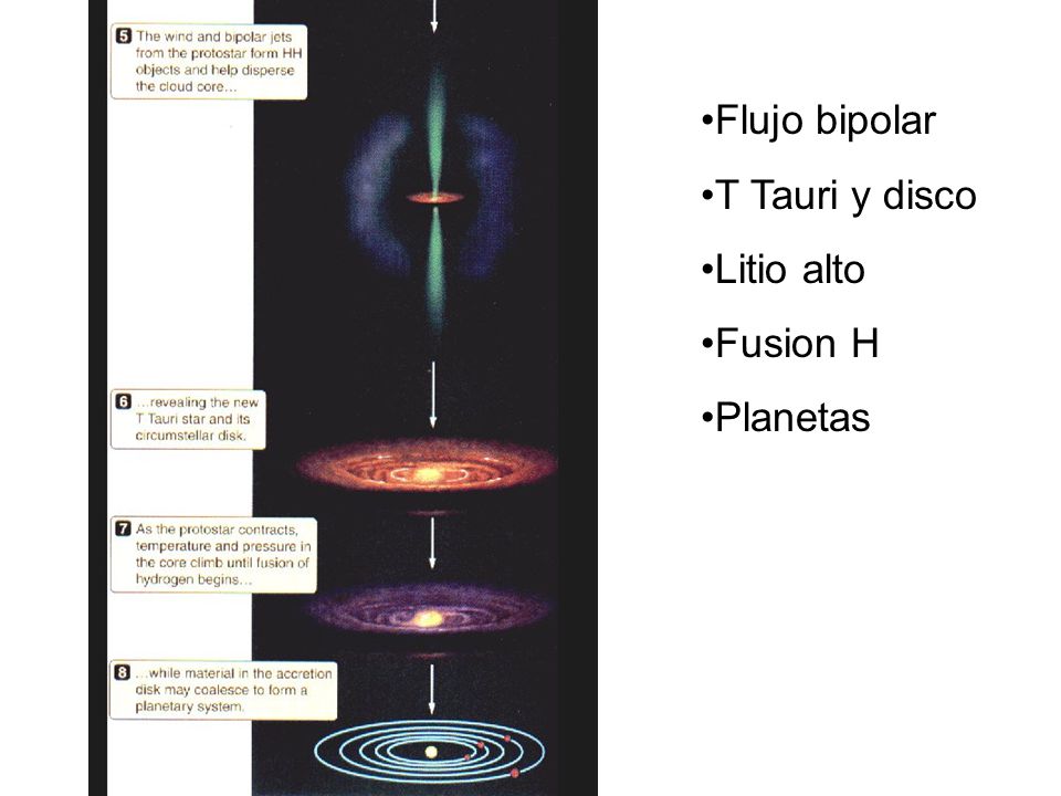 Flujo bipolar T Tauri y disco Litio alto Fusion H Planetas