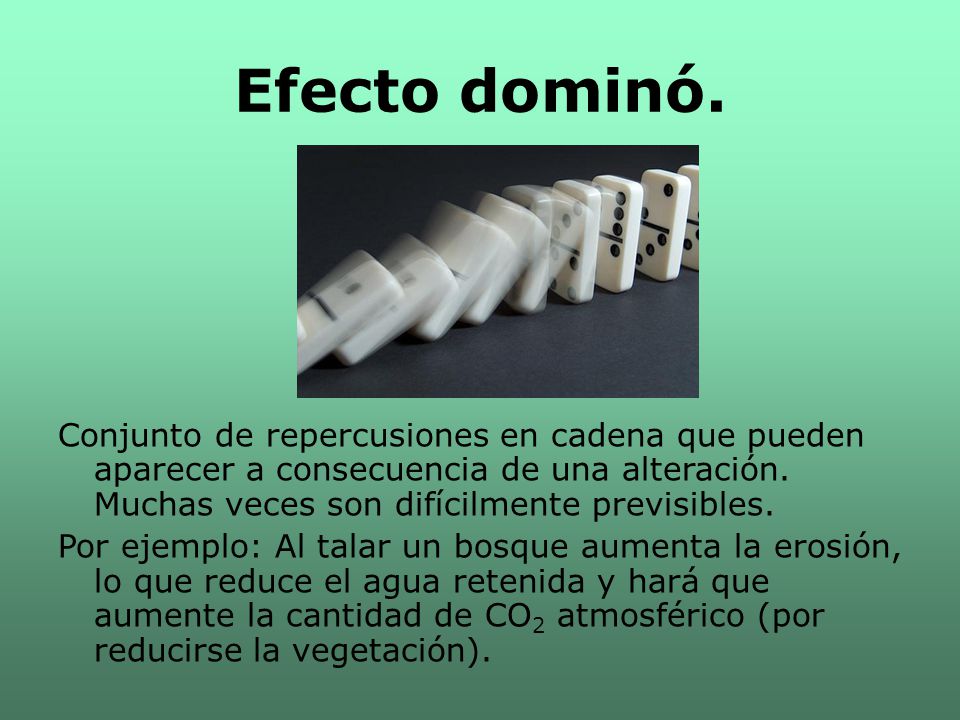 Efecto dominó. Conjunto de repercusiones en cadena que pueden aparecer a consecuencia de una alteración. Muchas veces son difícilmente previsibles.