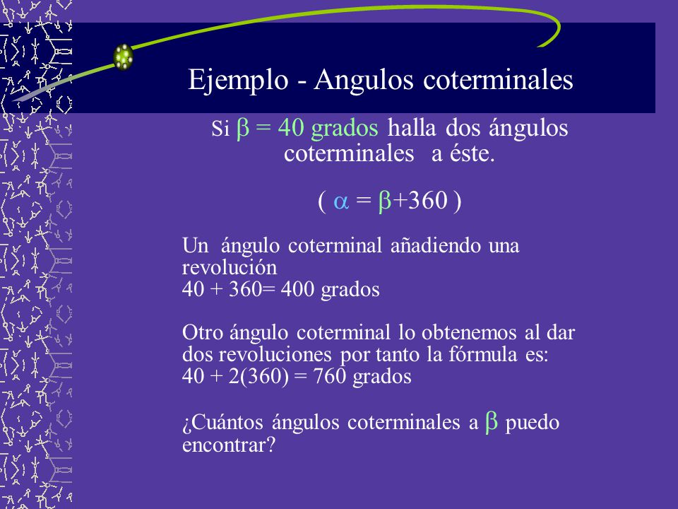 Si  = 40 grados halla dos ángulos coterminales a éste.
