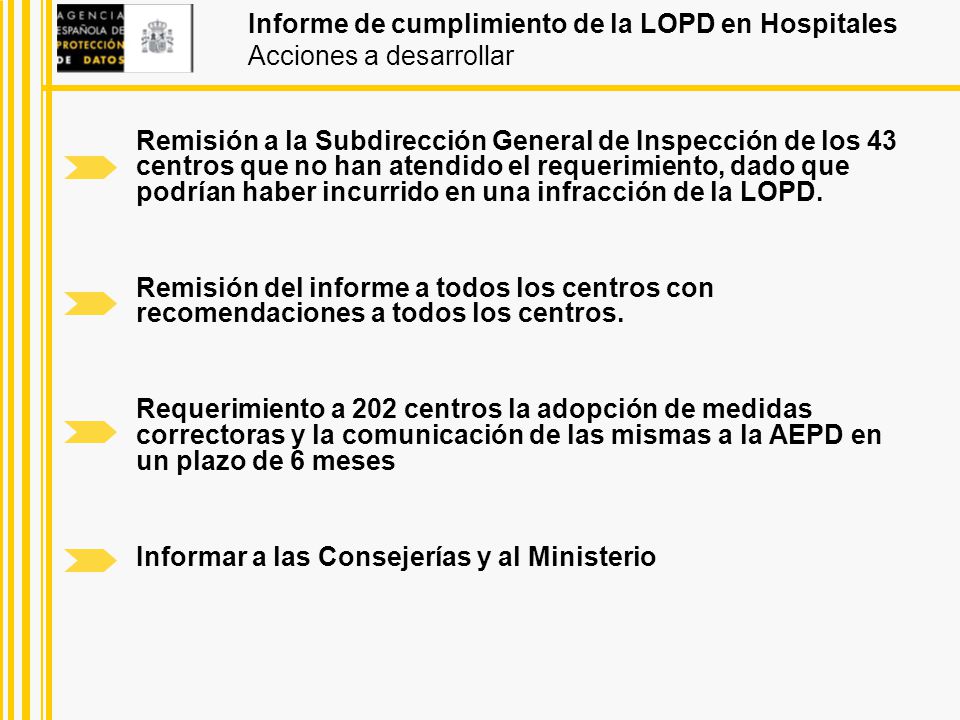 Informe de cumplimiento de la LOPD en Hospitales Acciones a desarrollar