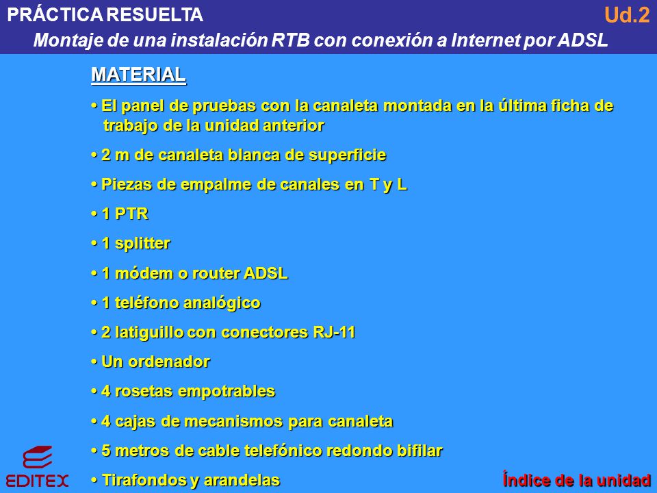 PRÁCTICA RESUELTA Montaje de una instalación RTB con conexión a Internet por ADSL. Ud.2. MATERIAL.