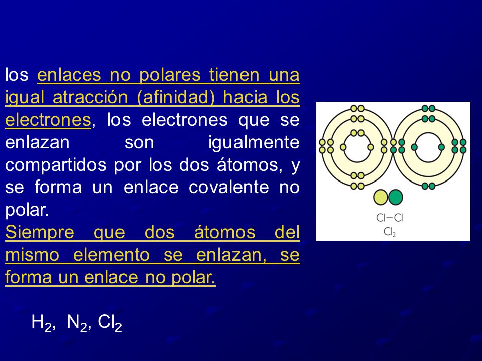 los enlaces no polares tienen una igual atracción (afinidad) hacia los electrones, los electrones que se enlazan son igualmente compartidos por los dos átomos, y se forma un enlace covalente no polar.