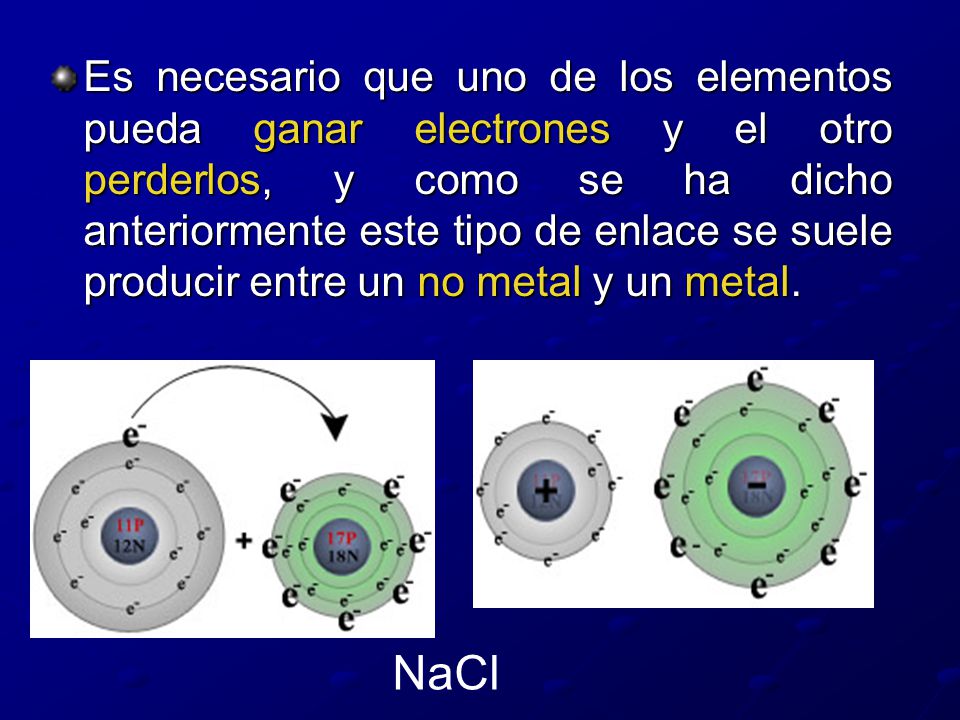 Es necesario que uno de los elementos pueda ganar electrones y el otro perderlos, y como se ha dicho anteriormente este tipo de enlace se suele producir entre un no metal y un metal.