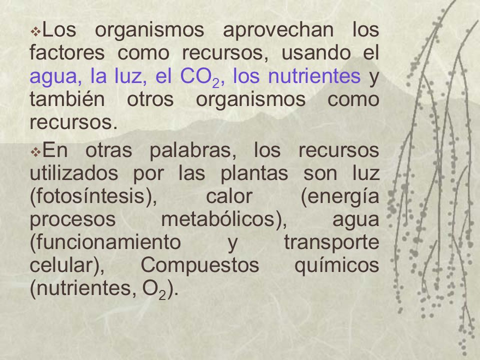 Los organismos aprovechan los factores como recursos, usando el agua, la luz, el CO2, los nutrientes y también otros organismos como recursos.
