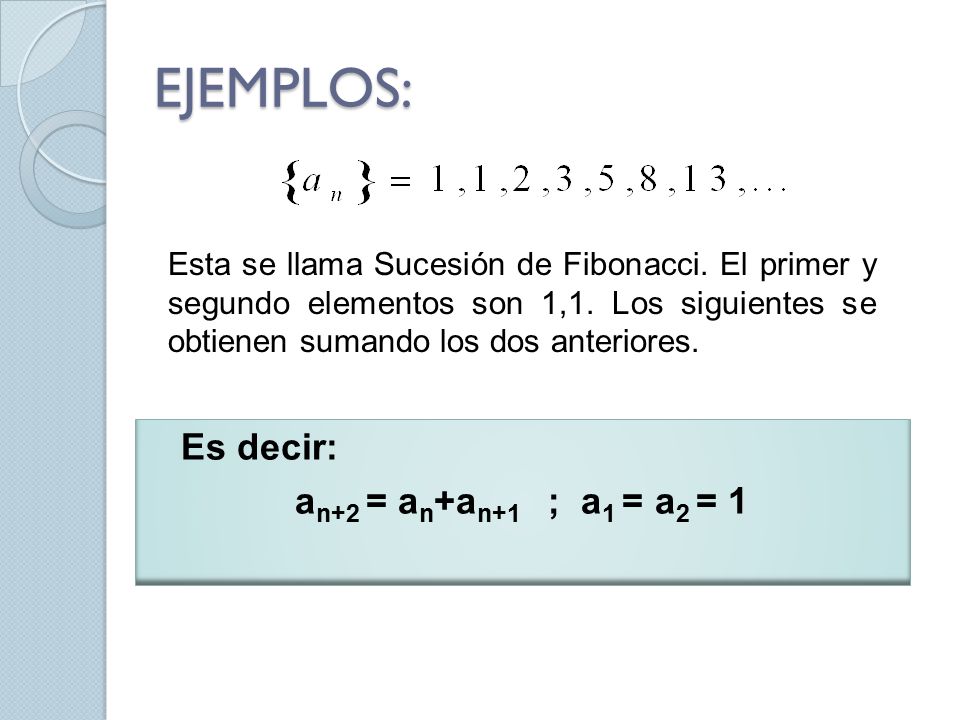 EJEMPLOS: Es decir: an+2 = an+an+1 ; a1 = a2 = 1