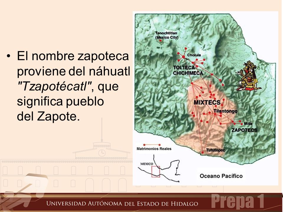 El nombre zapoteca proviene del náhuatl Tzapotécatl , que significa pueblo del Zapote.