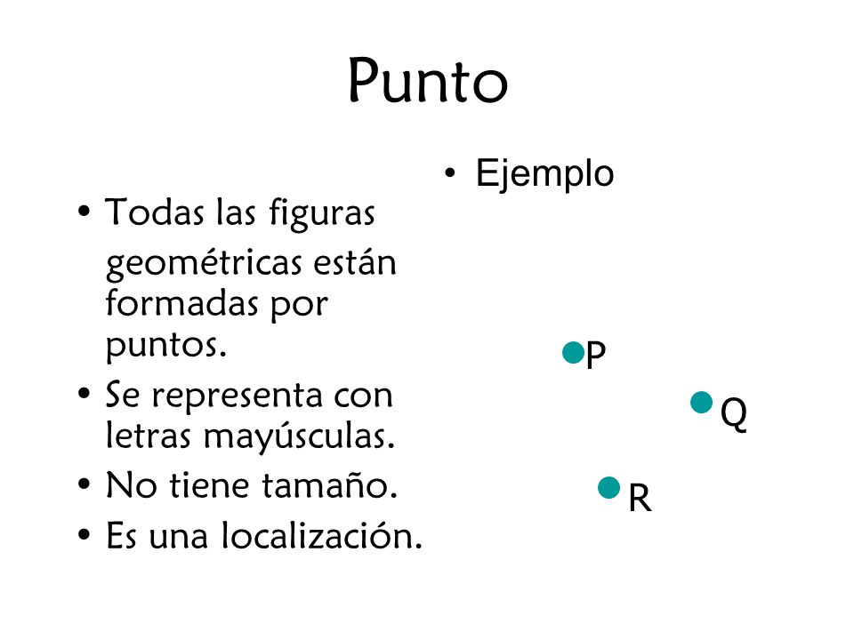Punto Ejemplo Todas las figuras geométricas están formadas por puntos.