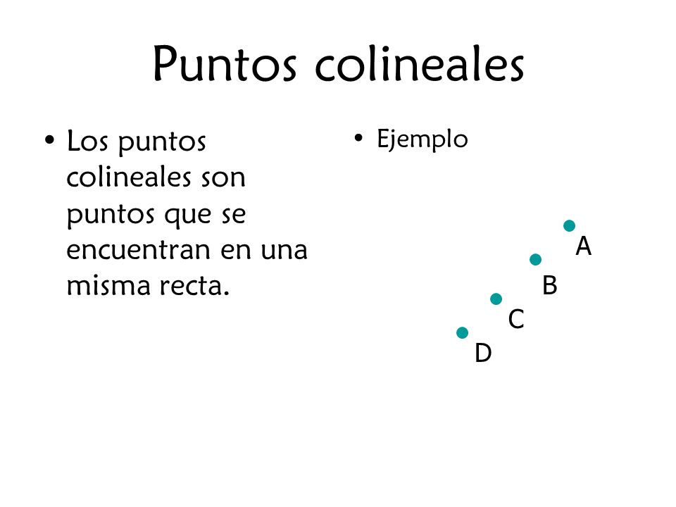 Puntos colineales Los puntos colineales son puntos que se encuentran en una misma recta. Ejemplo. A.