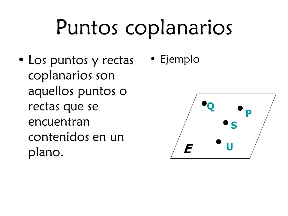Puntos coplanarios Los puntos y rectas coplanarios son aquellos puntos o rectas que se encuentran contenidos en un plano.