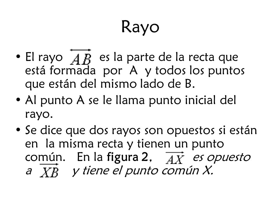 Rayo El rayo es la parte de la recta que está formada por A y todos los puntos que están del mismo lado de B.