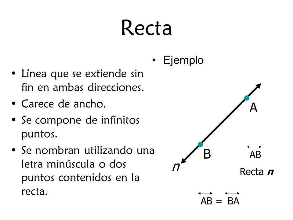 Recta Ejemplo. Línea que se extiende sin fin en ambas direcciones. Carece de ancho. Se compone de infinitos puntos.