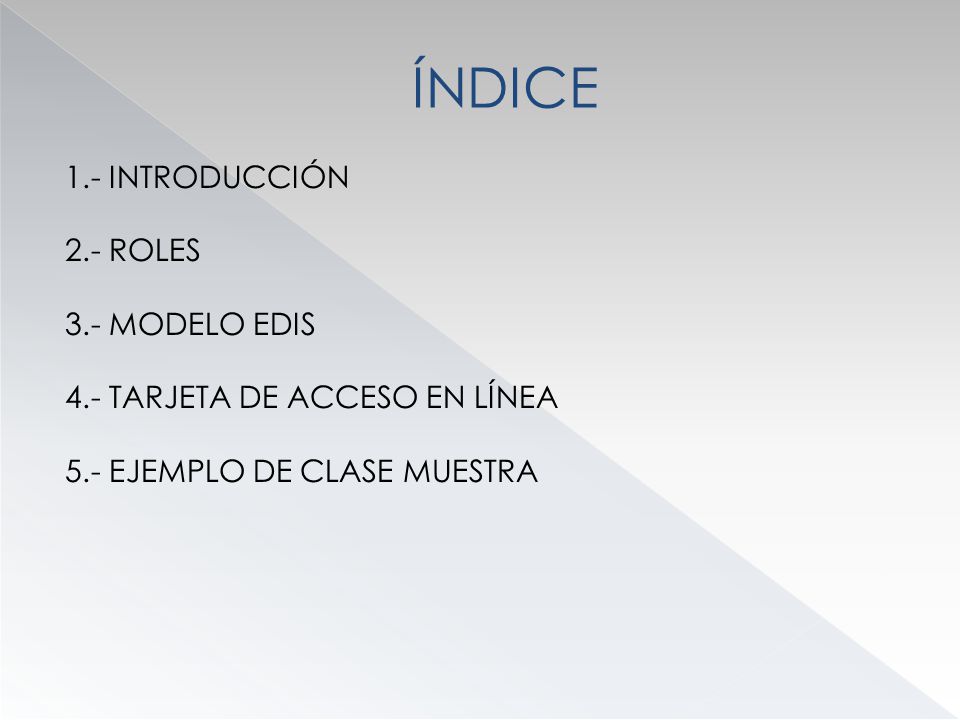 ÍNDICE 1.- INTRODUCCIÓN 2.- ROLES 3.- MODELO EDIS 4.- TARJETA DE ACCESO EN LÍNEA 5.- EJEMPLO DE CLASE MUESTRA