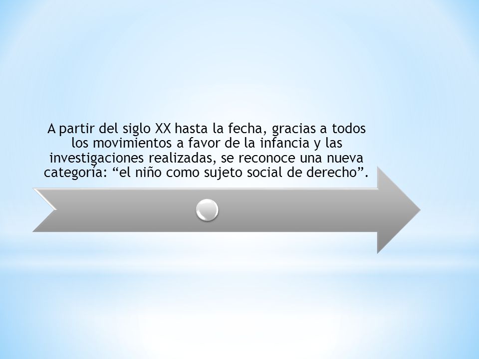 A partir del siglo XX hasta la fecha, gracias a todos los movimientos a favor de la infancia y las investigaciones realizadas, se reconoce una nueva categoría: el niño como sujeto social de derecho .
