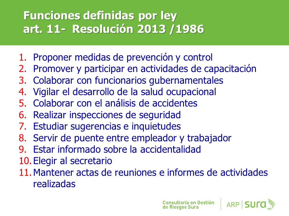 Funciones definidas por ley art. 11- Resolución 2013 /1986