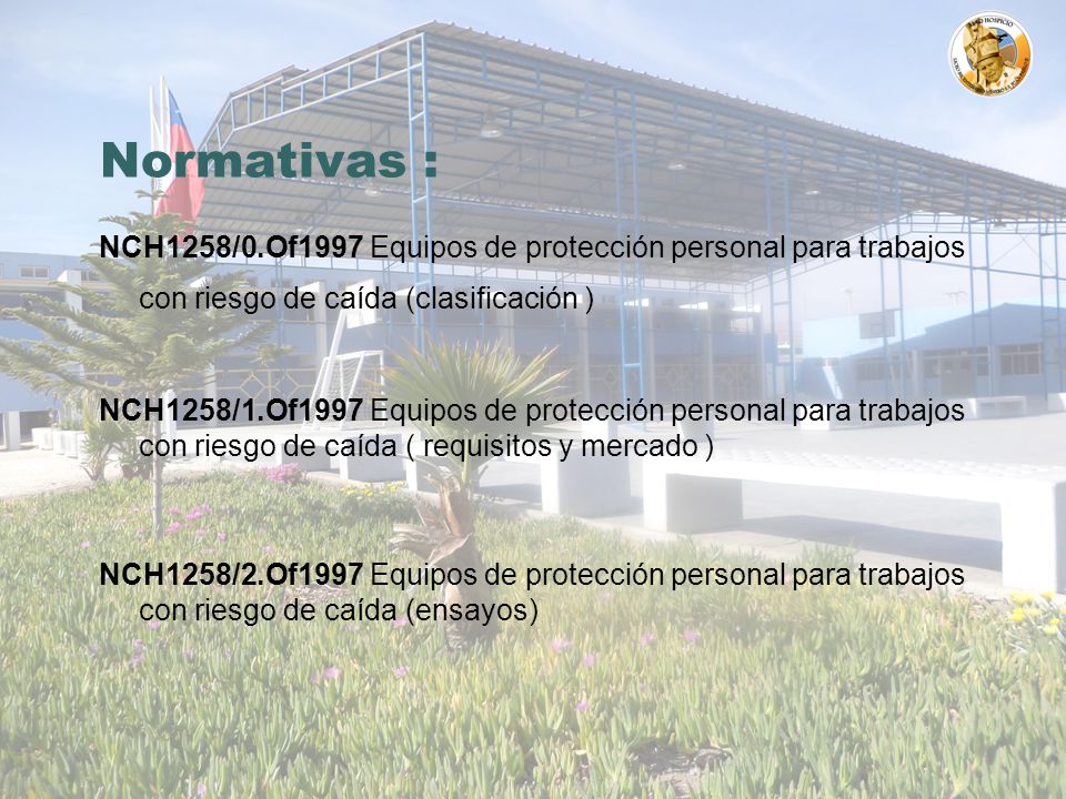 Normativas : NCH1258/0.Of1997 Equipos de protección personal para trabajos con riesgo de caída (clasificación )