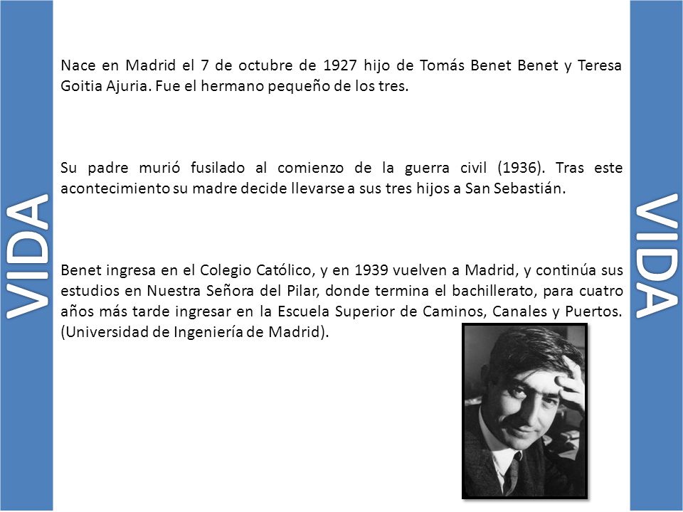 Nace en Madrid el 7 de octubre de 1927 hijo de Tomás Benet Benet y Teresa Goitia Ajuria. Fue el hermano pequeño de los tres.