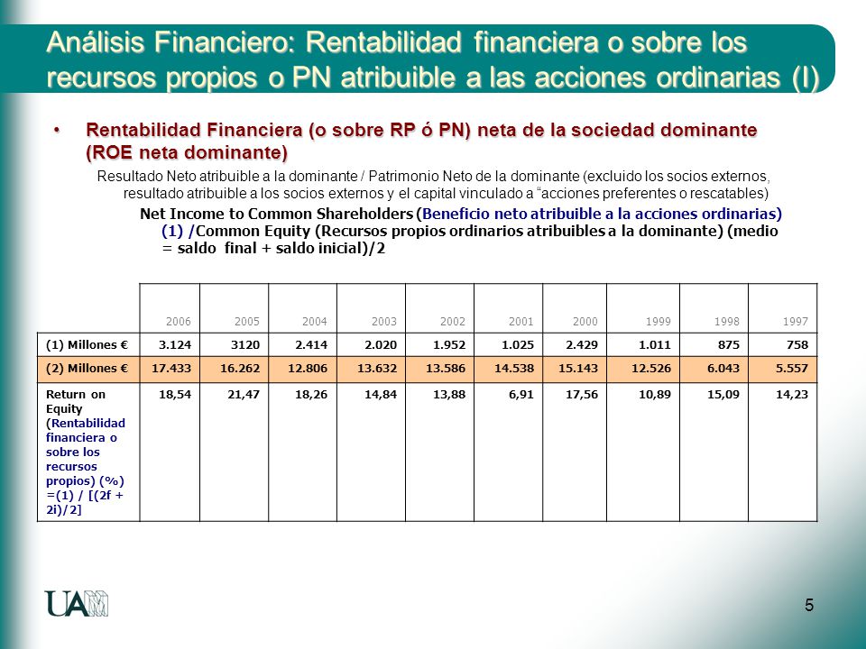 Análisis Financiero: Rentabilidad financiera o sobre los recursos propios o PN atribuible a las acciones ordinarias (I)