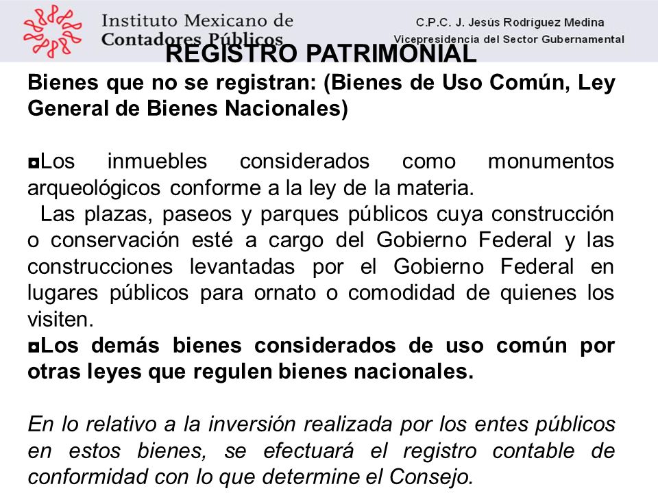 REGISTRO PATRIMONIAL Bienes que no se registran: (Bienes de Uso Común, Ley General de Bienes Nacionales)