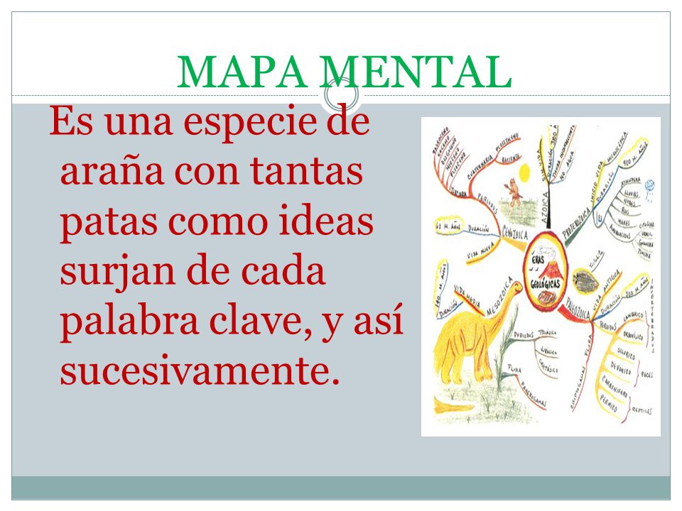 MAPA MENTAL Es una especie de araña con tantas patas como ideas surjan de cada palabra clave, y así sucesivamente.