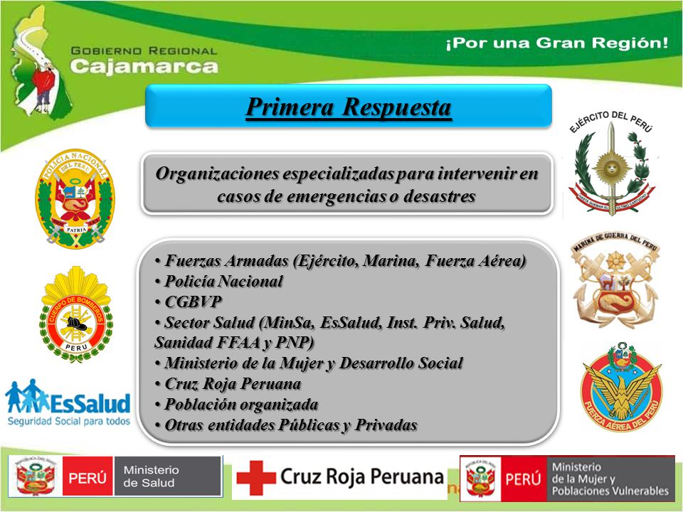 Primera Respuesta Organizaciones especializadas para intervenir en casos de emergencias o desastres.