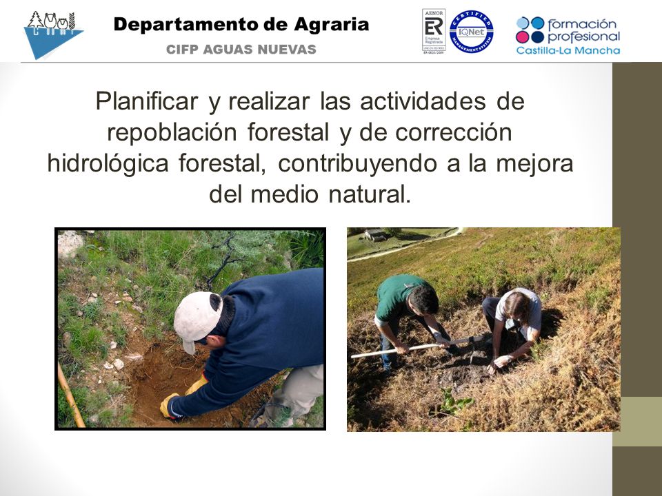 Planificar y realizar las actividades de repoblación forestal y de corrección hidrológica forestal, contribuyendo a la mejora del medio natural.
