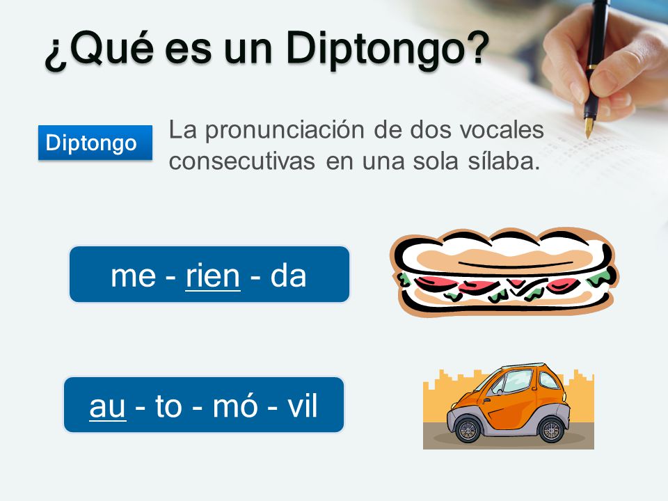 ¿Qué es un Diptongo me - rien - da au - to - mó - vil