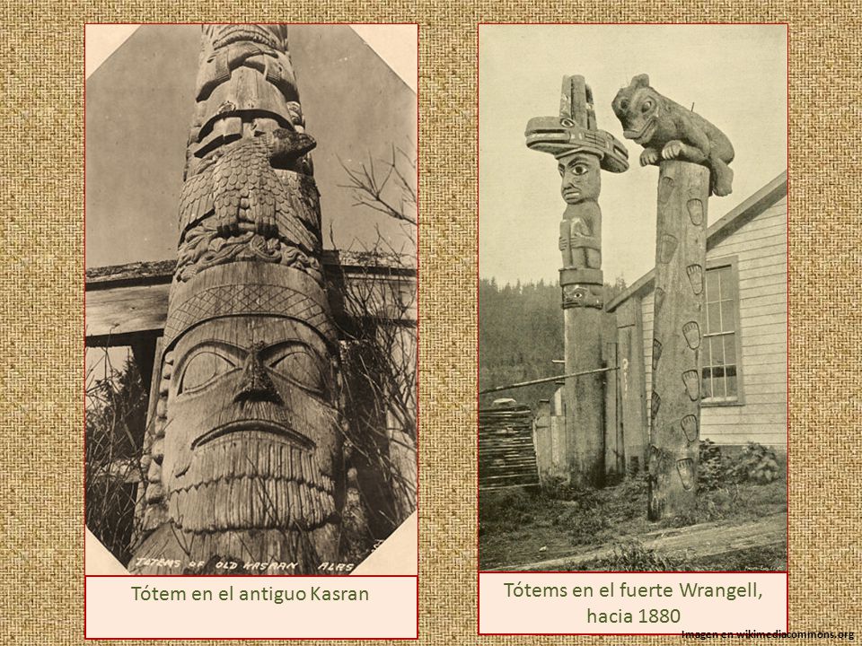 Tótem en el antiguo Kasran Tótems en el fuerte Wrangell, hacia 1880