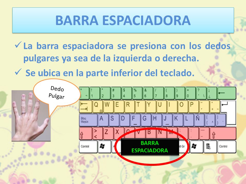 BARRA ESPACIADORA La barra espaciadora se presiona con los dedos pulgares ya sea de la izquierda o derecha.