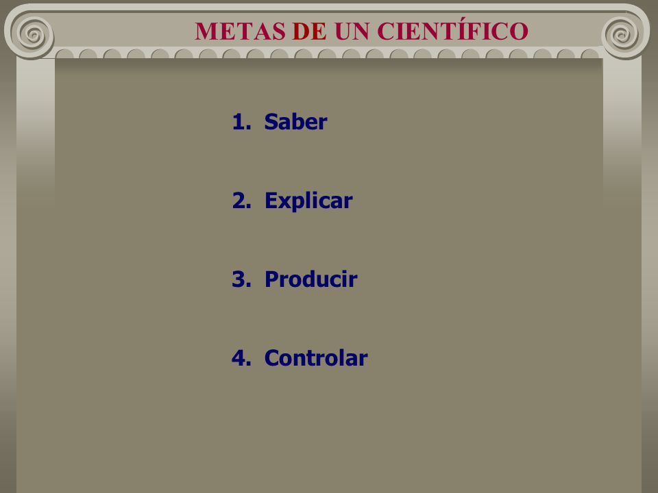 METAS DE UN CIENTÍFICO 1. Saber 2. Explicar 3. Producir 4. Controlar