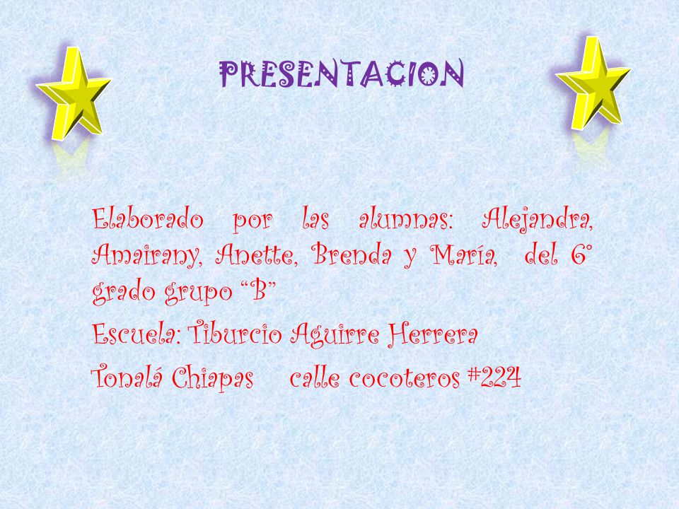 PRESENTACION Elaborado por las alumnas: Alejandra, Amairany, Anette, Brenda y María, del 6° grado grupo B
