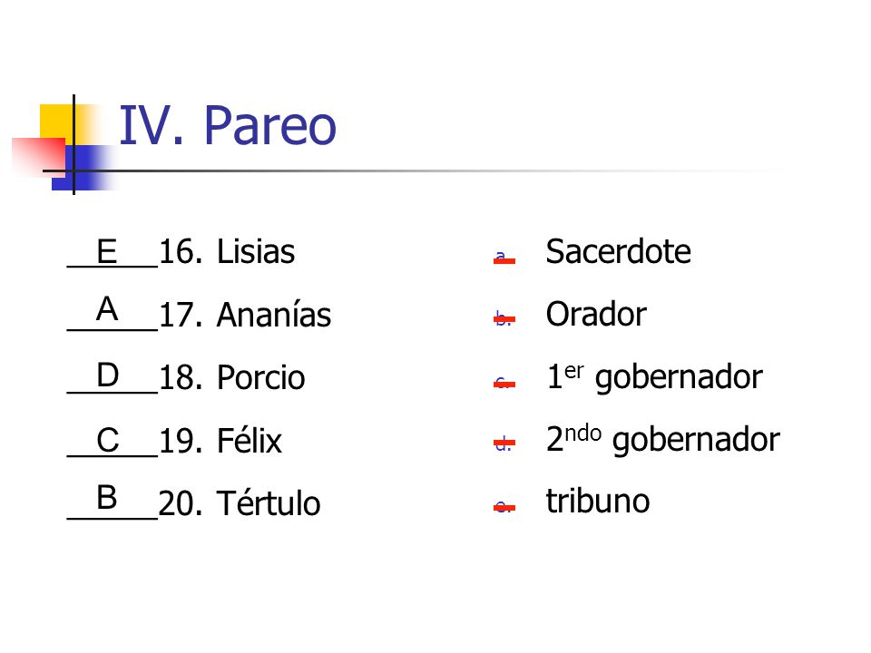 IV. Pareo _____16. Lisias E Sacerdote _____17. Ananías Orador