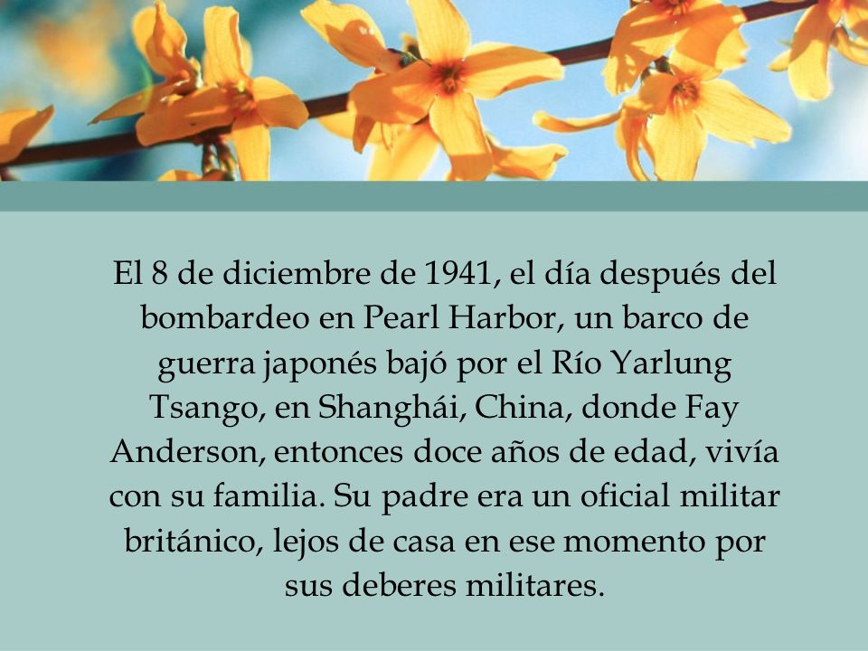 El 8 de diciembre de 1941, el día después del bombardeo en Pearl Harbor, un barco de guerra japonés bajó por el Río Yarlung Tsango, en Shanghái, China, donde Fay Anderson, entonces doce años de edad, vivía con su familia. Su padre era un oficial militar británico, lejos de casa en ese momento por sus deberes militares.